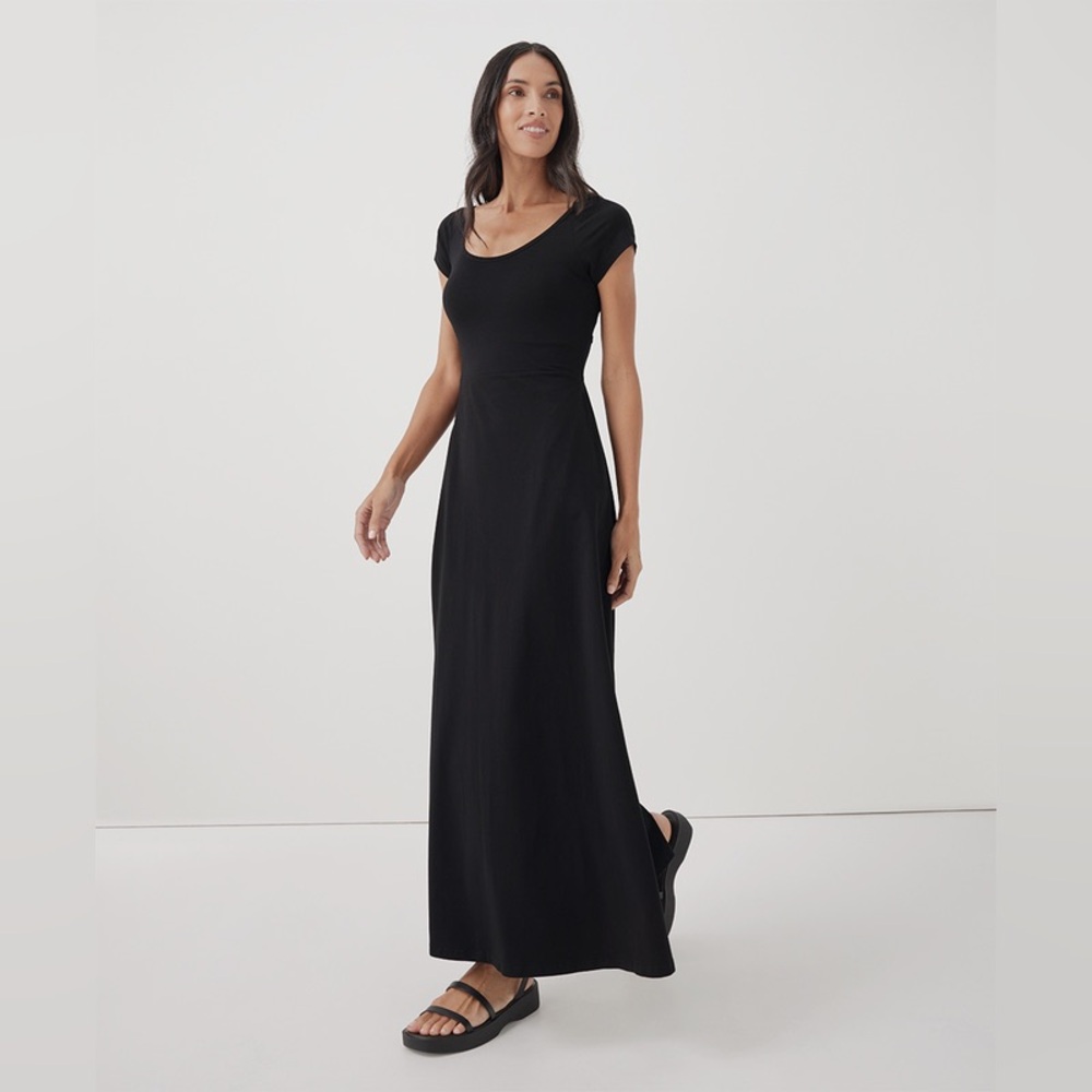 Pact Black Fit & Flare Cotton Blend Crossback Short Sleeves Maxi Dress Size XS
